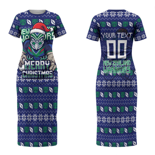 Personalized New Zealand Warriors Christmas Family Matching Short Sleeve Bodycon Dress and Hawaiian Shirt Maori Rugby Fans - Pixelated Ugly Xmas Pattern Mascot Santa