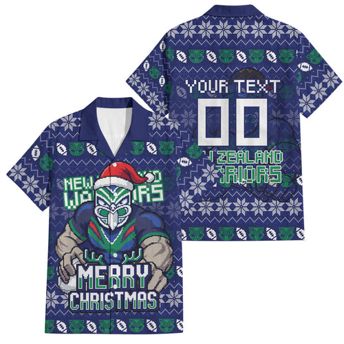 Personalized New Zealand Warriors Christmas Family Matching Short Sleeve Bodycon Dress and Hawaiian Shirt Maori Rugby Fans - Pixelated Ugly Xmas Pattern Mascot Santa