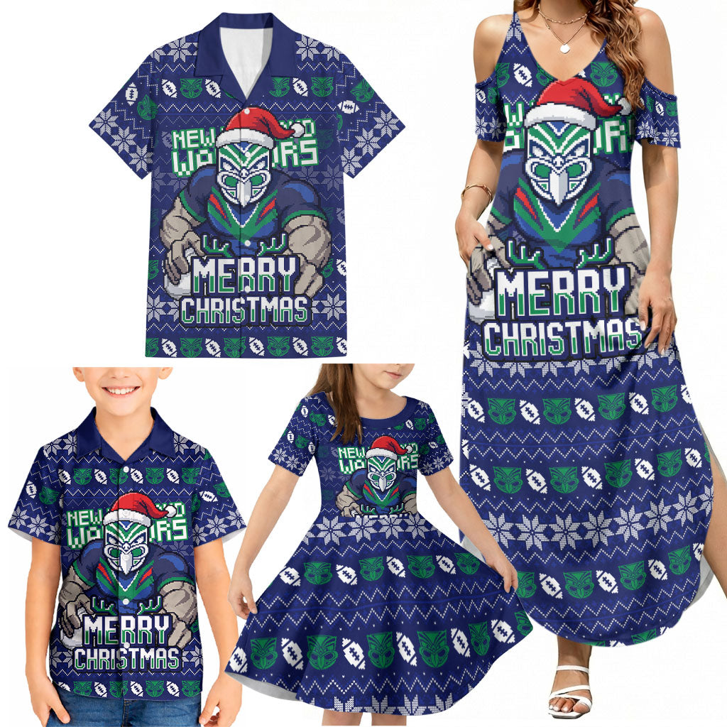 Personalized New Zealand Warriors Christmas Family Matching Summer Maxi Dress and Hawaiian Shirt Maori Rugby Fans - Pixelated Ugly Xmas Pattern Mascot Santa