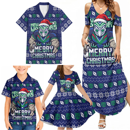 Personalized New Zealand Warriors Christmas Family Matching Summer Maxi Dress and Hawaiian Shirt Maori Rugby Fans - Pixelated Ugly Xmas Pattern Mascot Santa