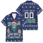 Personalized New Zealand Warriors Christmas Family Matching Summer Maxi Dress and Hawaiian Shirt Maori Rugby Fans - Pixelated Ugly Xmas Pattern Mascot Santa
