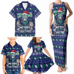 Personalized New Zealand Warriors Christmas Family Matching Tank Maxi Dress and Hawaiian Shirt Maori Rugby Fans - Pixelated Ugly Xmas Pattern Mascot Santa