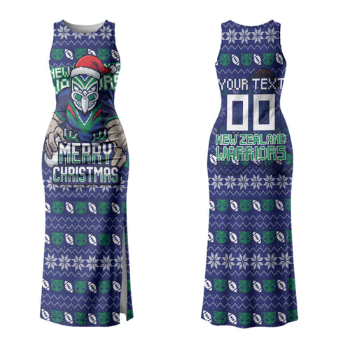 Personalized New Zealand Warriors Christmas Family Matching Tank Maxi Dress and Hawaiian Shirt Maori Rugby Fans - Pixelated Ugly Xmas Pattern Mascot Santa