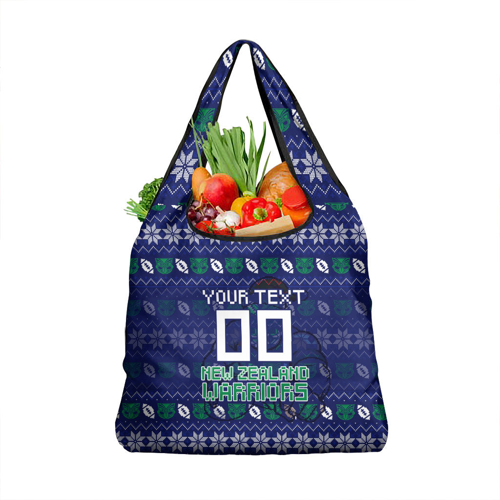 Personalized New Zealand Warriors Christmas Grocery Bag Maori Rugby Fans - Pixelated Ugly Xmas Pattern Mascot Santa