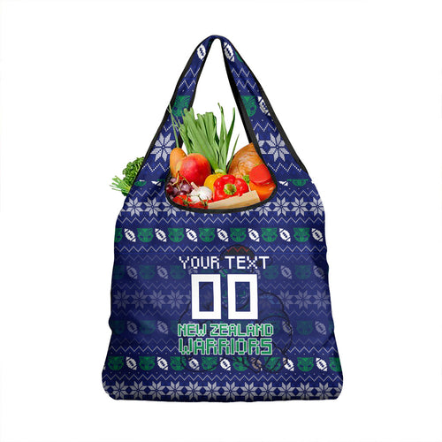 Personalized New Zealand Warriors Christmas Grocery Bag Maori Rugby Fans - Pixelated Ugly Xmas Pattern Mascot Santa