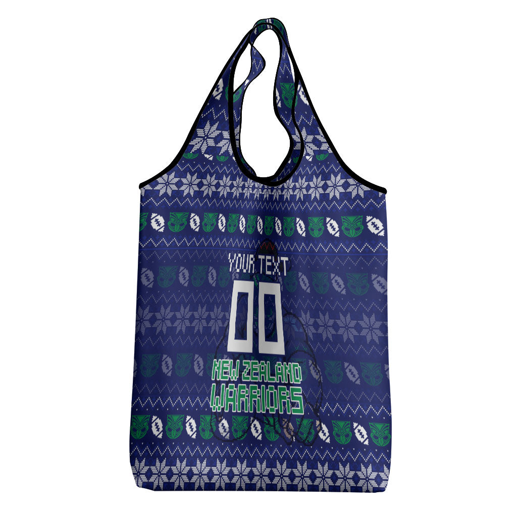 Personalized New Zealand Warriors Christmas Grocery Bag Maori Rugby Fans - Pixelated Ugly Xmas Pattern Mascot Santa