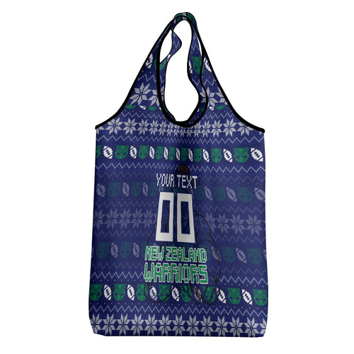 Personalized New Zealand Warriors Christmas Grocery Bag Maori Rugby Fans - Pixelated Ugly Xmas Pattern Mascot Santa