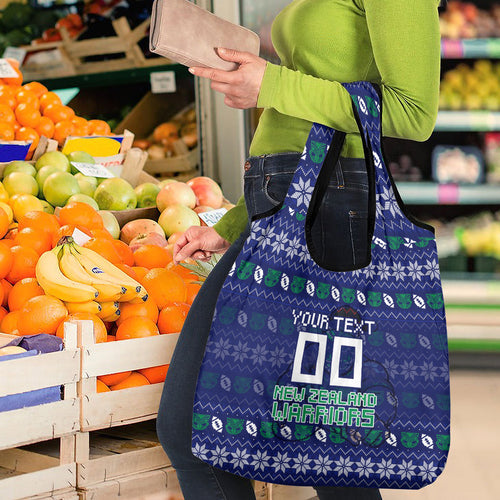 Personalized New Zealand Warriors Christmas Grocery Bag Maori Rugby Fans - Pixelated Ugly Xmas Pattern Mascot Santa