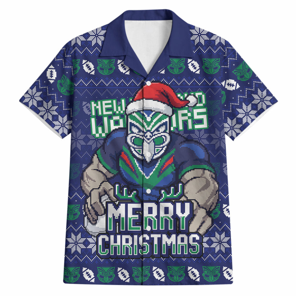 Personalized New Zealand Warriors Christmas Hawaiian Shirt Maori Rugby Fans - Pixelated Ugly Xmas Pattern Mascot Santa