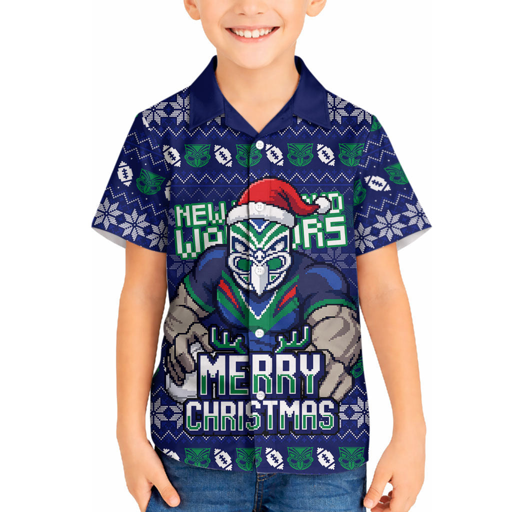 Personalized New Zealand Warriors Christmas Hawaiian Shirt Maori Rugby Fans - Pixelated Ugly Xmas Pattern Mascot Santa