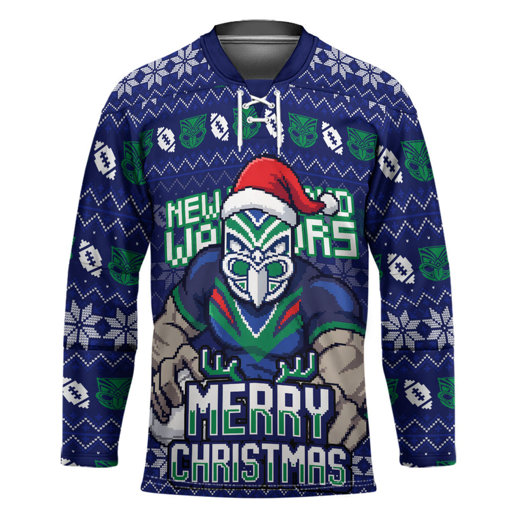 Personalized New Zealand Warriors Christmas Hockey Jersey Maori Rugby Fans - Pixelated Ugly Xmas Pattern Mascot Santa