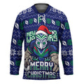 Personalized New Zealand Warriors Christmas Hockey Jersey Maori Rugby Fans - Pixelated Ugly Xmas Pattern Mascot Santa