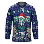Personalized New Zealand Warriors Christmas Hockey Jersey Maori Rugby Fans - Pixelated Ugly Xmas Pattern Mascot Santa