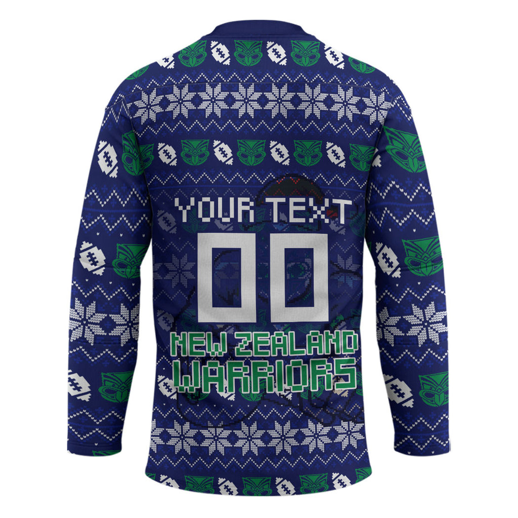 Personalized New Zealand Warriors Christmas Hockey Jersey Maori Rugby Fans - Pixelated Ugly Xmas Pattern Mascot Santa