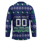 Personalized New Zealand Warriors Christmas Hockey Jersey Maori Rugby Fans - Pixelated Ugly Xmas Pattern Mascot Santa