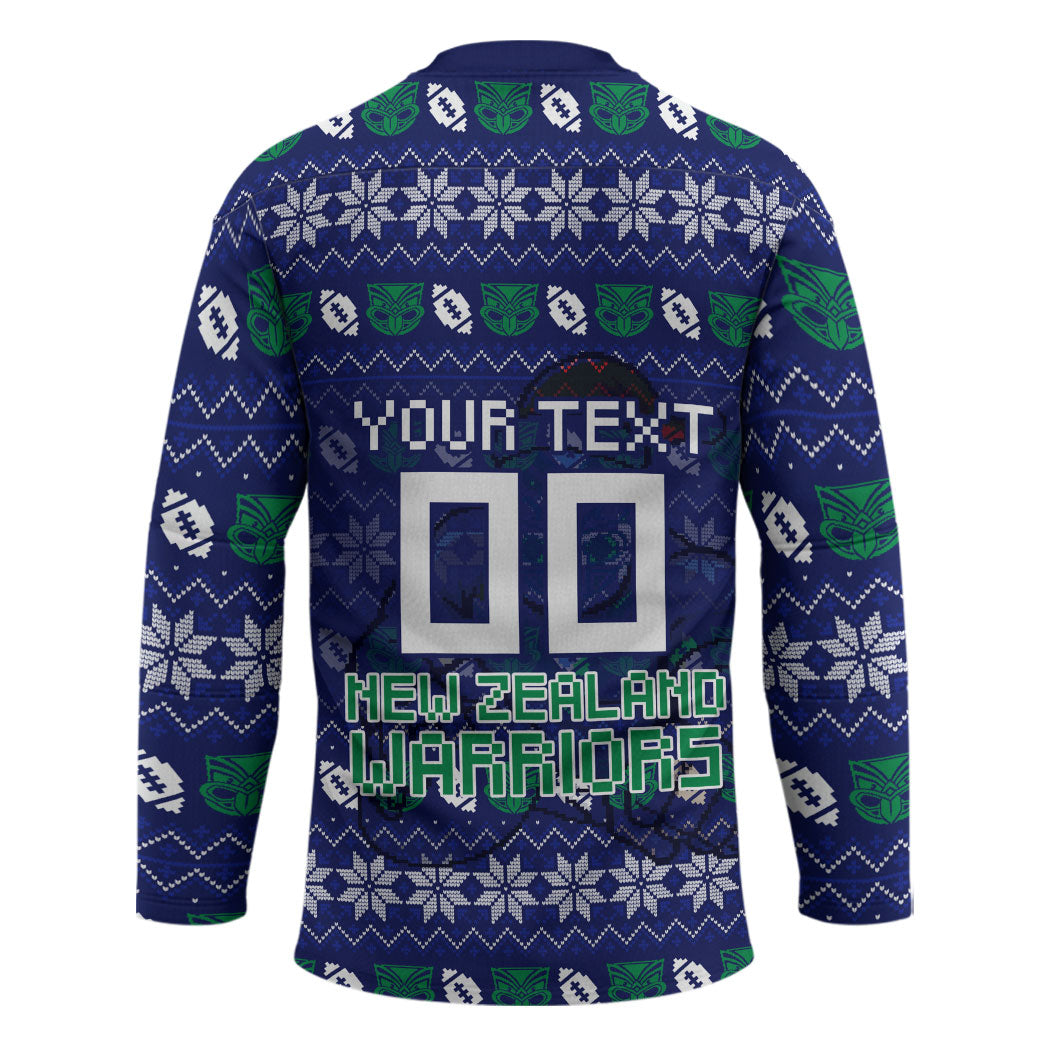Personalized New Zealand Warriors Christmas Hockey Jersey Maori Rugby Fans - Pixelated Ugly Xmas Pattern Mascot Santa
