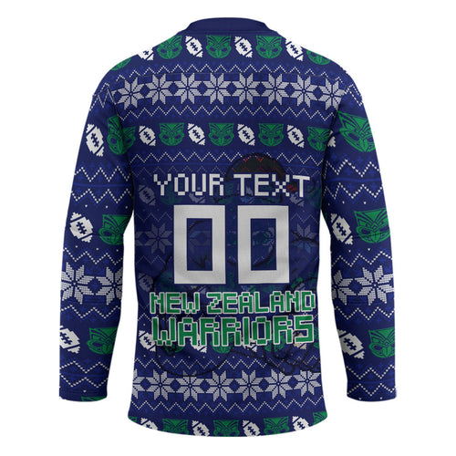 Personalized New Zealand Warriors Christmas Hockey Jersey Maori Rugby Fans - Pixelated Ugly Xmas Pattern Mascot Santa