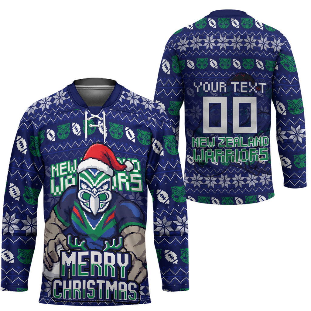 Personalized New Zealand Warriors Christmas Hockey Jersey Maori Rugby Fans - Pixelated Ugly Xmas Pattern Mascot Santa
