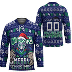 Personalized New Zealand Warriors Christmas Hockey Jersey Maori Rugby Fans - Pixelated Ugly Xmas Pattern Mascot Santa