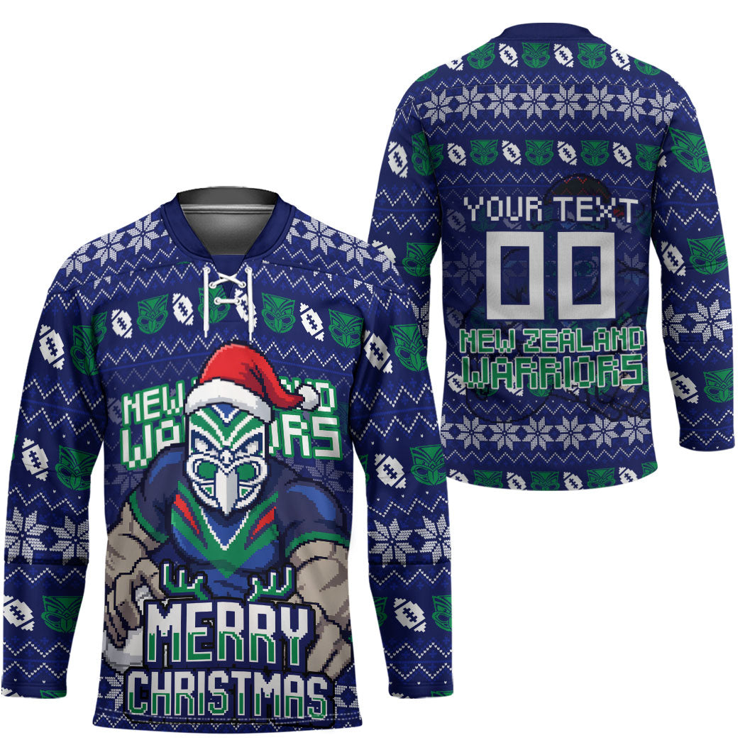 Personalized New Zealand Warriors Christmas Hockey Jersey Maori Rugby Fans - Pixelated Ugly Xmas Pattern Mascot Santa
