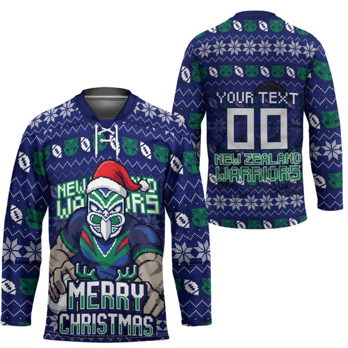 Personalized New Zealand Warriors Christmas Hockey Jersey Maori Rugby Fans - Pixelated Ugly Xmas Pattern Mascot Santa