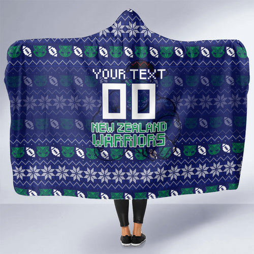 Personalized New Zealand Warriors Christmas Hooded Blanket Maori Rugby Fans - Pixelated Ugly Xmas Pattern Mascot Santa