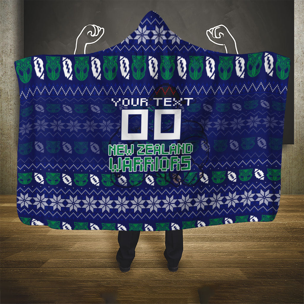 Personalized New Zealand Warriors Christmas Hooded Blanket Maori Rugby Fans - Pixelated Ugly Xmas Pattern Mascot Santa