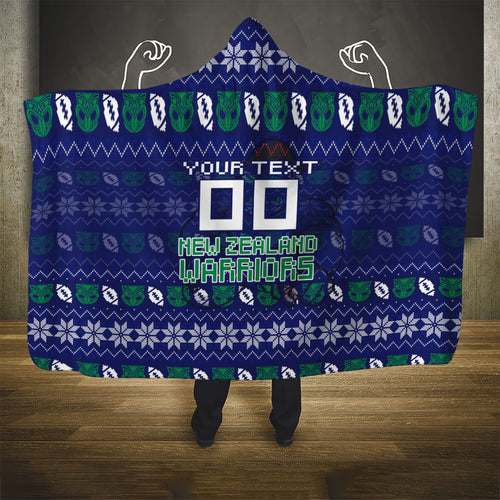 Personalized New Zealand Warriors Christmas Hooded Blanket Maori Rugby Fans - Pixelated Ugly Xmas Pattern Mascot Santa