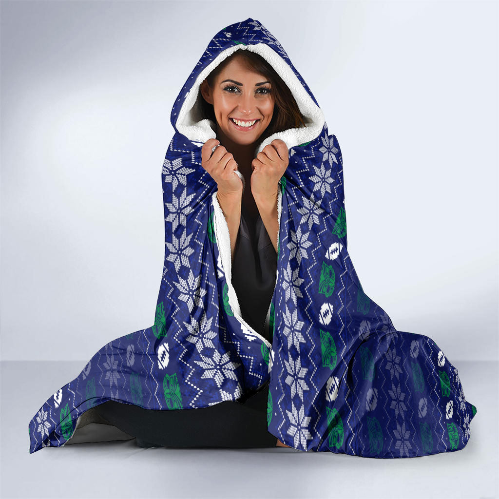 Personalized New Zealand Warriors Christmas Hooded Blanket Maori Rugby Fans - Pixelated Ugly Xmas Pattern Mascot Santa