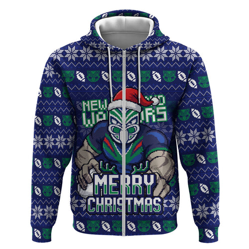 Personalized New Zealand Warriors Christmas Hoodie Maori Rugby Fans - Pixelated Ugly Xmas Pattern Mascot Santa