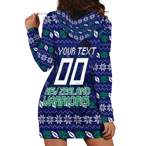 Personalized New Zealand Warriors Christmas Hoodie Dress Maori Rugby Fans - Pixelated Ugly Xmas Pattern Mascot Santa