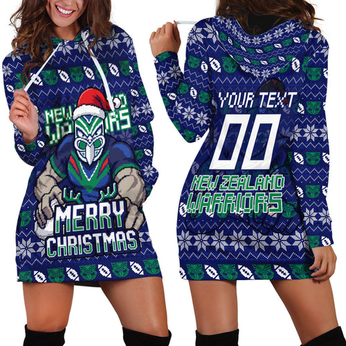 Personalized New Zealand Warriors Christmas Hoodie Dress Maori Rugby Fans - Pixelated Ugly Xmas Pattern Mascot Santa