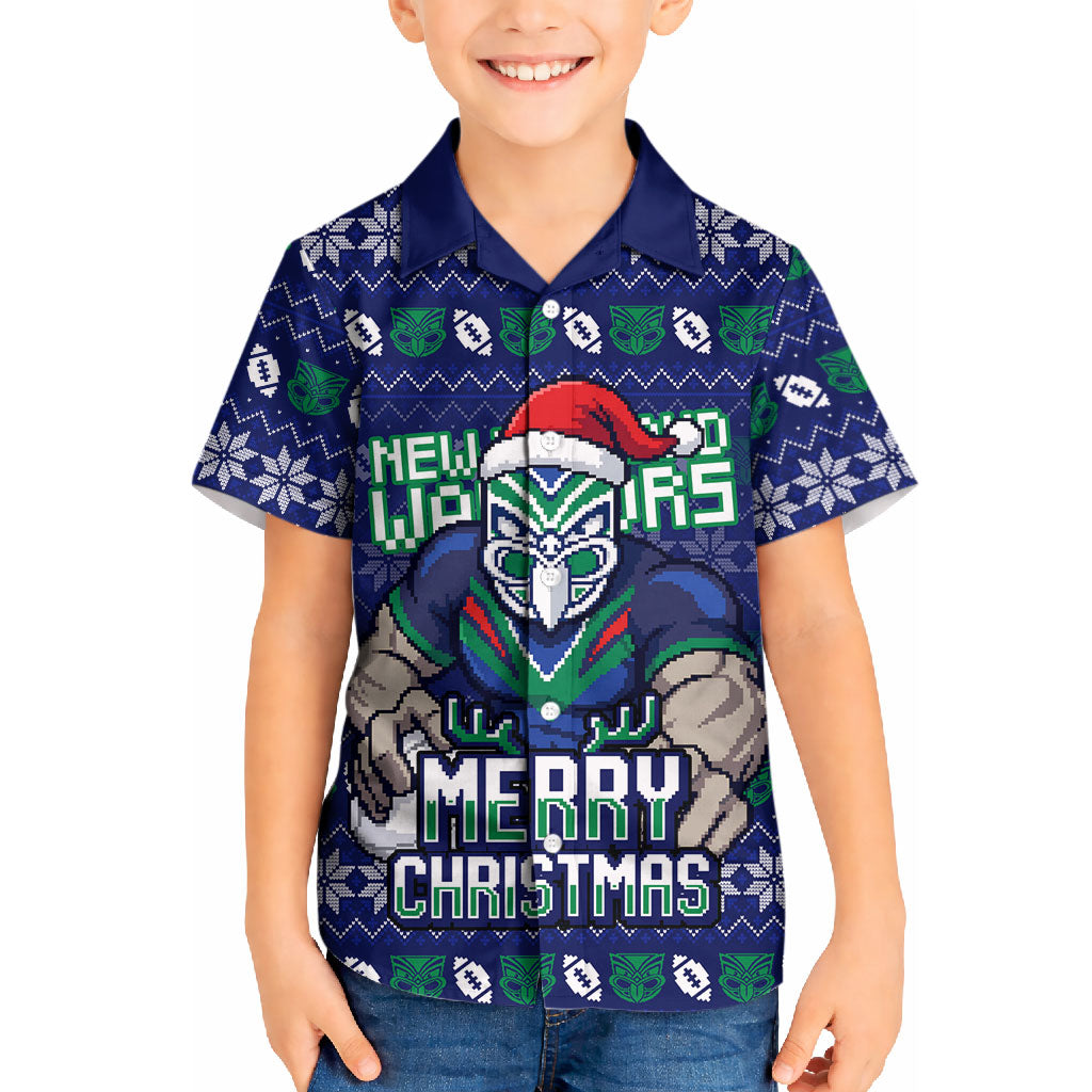 Personalized New Zealand Warriors Christmas Kid Hawaiian Shirt Maori Rugby Fans - Pixelated Ugly Xmas Pattern Mascot Santa