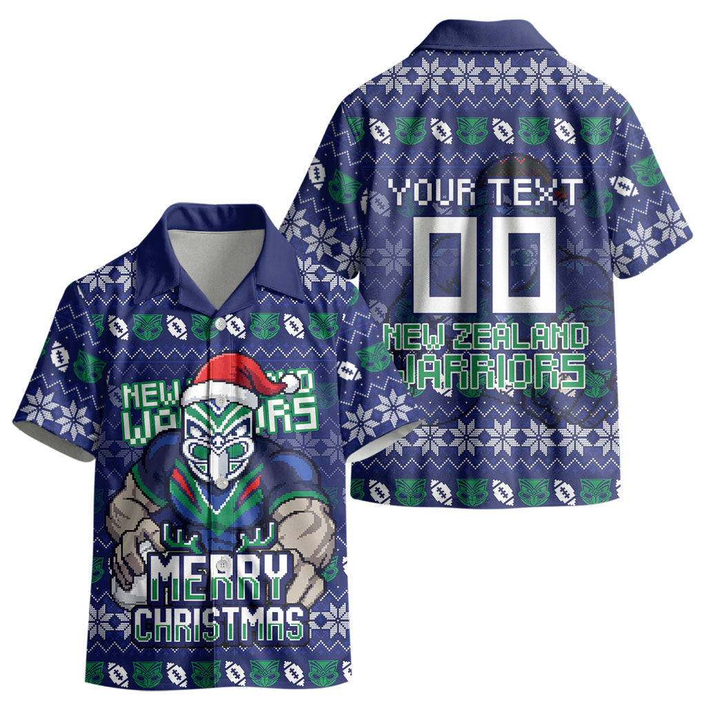 Personalized New Zealand Warriors Christmas Kid Hawaiian Shirt Maori Rugby Fans - Pixelated Ugly Xmas Pattern Mascot Santa