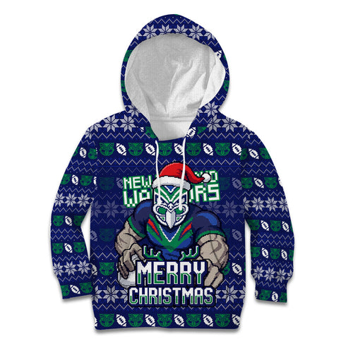 Personalized New Zealand Warriors Christmas Kid Hoodie Maori Rugby Fans - Pixelated Ugly Xmas Pattern Mascot Santa