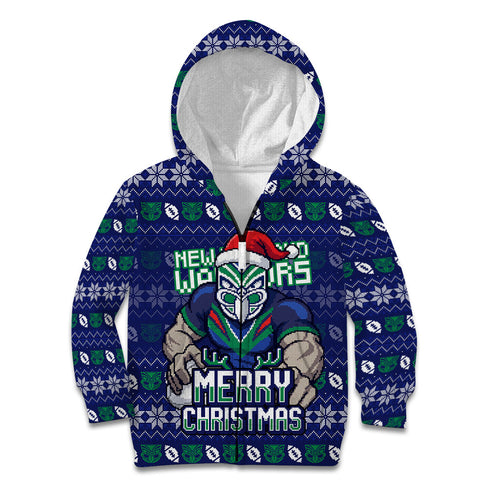 Personalized New Zealand Warriors Christmas Kid Hoodie Maori Rugby Fans - Pixelated Ugly Xmas Pattern Mascot Santa