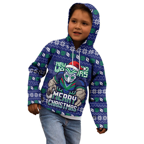 Personalized New Zealand Warriors Christmas Kid Hoodie Maori Rugby Fans - Pixelated Ugly Xmas Pattern Mascot Santa