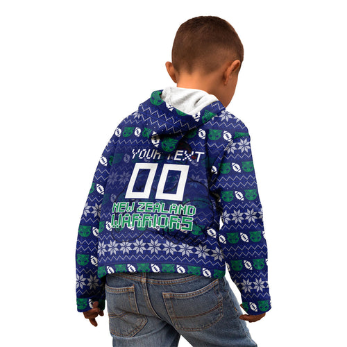 Personalized New Zealand Warriors Christmas Kid Hoodie Maori Rugby Fans - Pixelated Ugly Xmas Pattern Mascot Santa