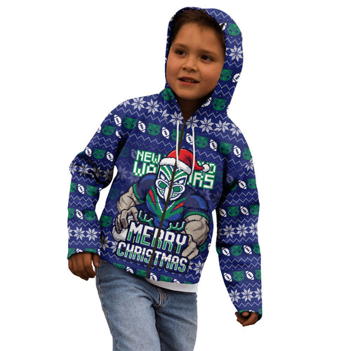Personalized New Zealand Warriors Christmas Kid Hoodie Maori Rugby Fans - Pixelated Ugly Xmas Pattern Mascot Santa