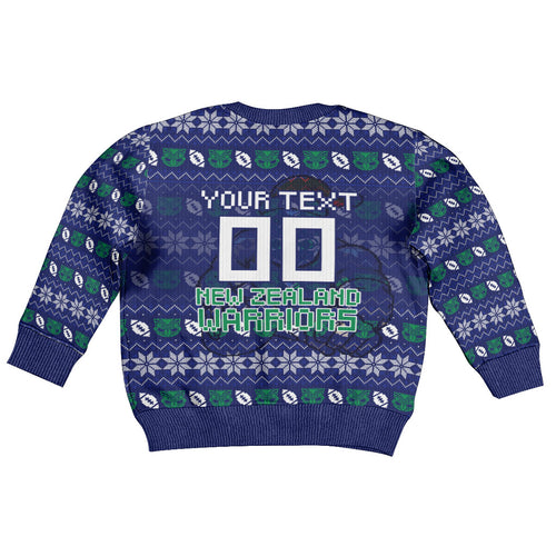 Personalized New Zealand Warriors Christmas Kid Ugly Christmas Sweater Maori Rugby Fans - Pixelated Ugly Xmas Pattern Mascot Santa