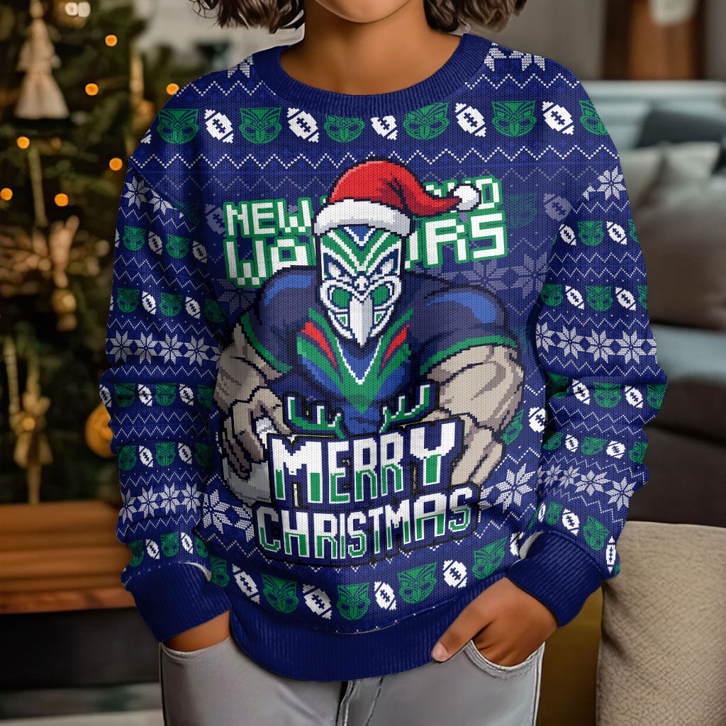 Personalized New Zealand Warriors Christmas Kid Ugly Christmas Sweater Maori Rugby Fans - Pixelated Ugly Xmas Pattern Mascot Santa