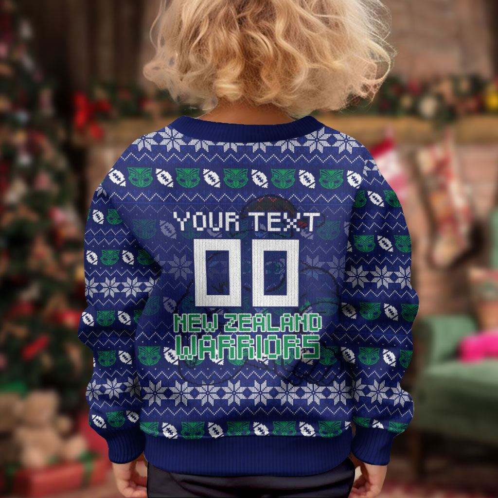 Personalized New Zealand Warriors Christmas Kid Ugly Christmas Sweater Maori Rugby Fans - Pixelated Ugly Xmas Pattern Mascot Santa