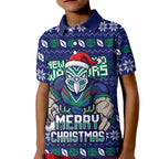 Personalized New Zealand Warriors Christmas Kid Polo Shirt Maori Rugby Fans - Pixelated Ugly Xmas Pattern Mascot Santa