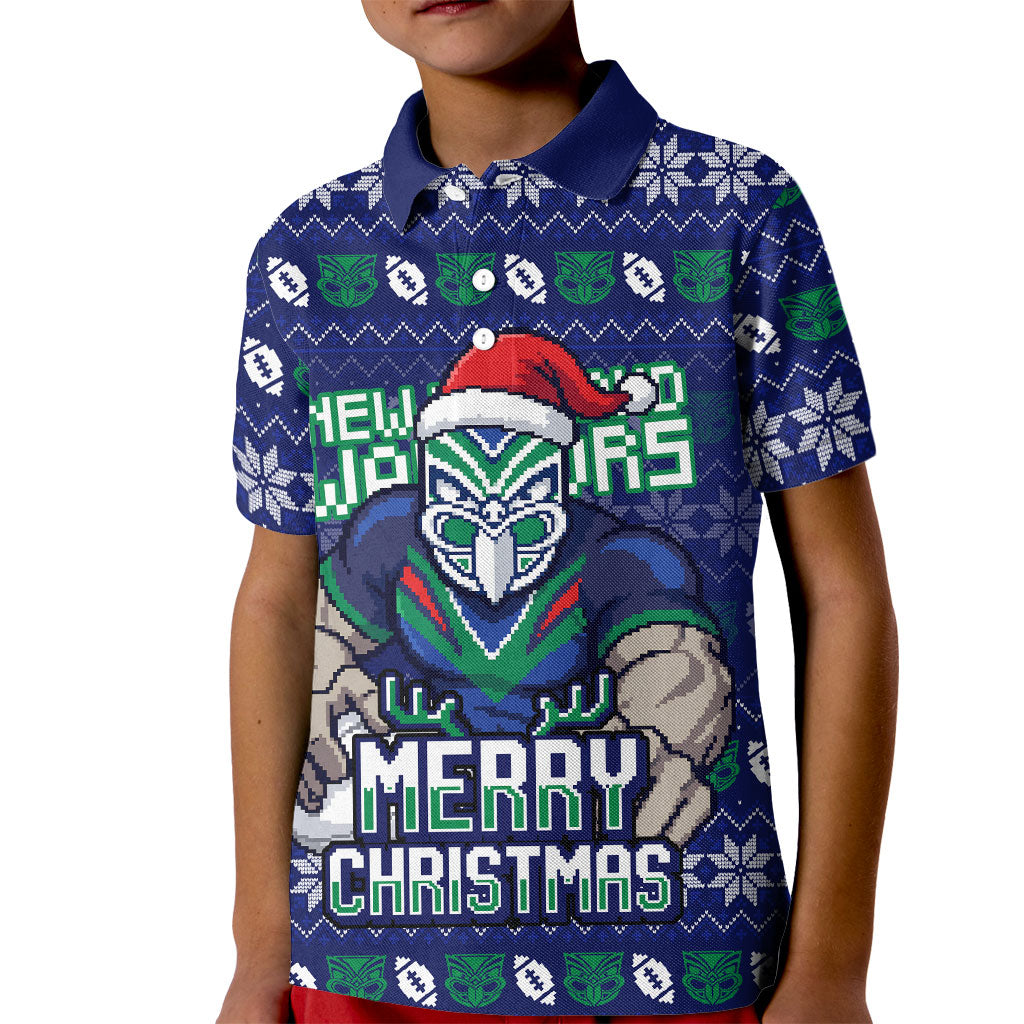 Personalized New Zealand Warriors Christmas Kid Polo Shirt Maori Rugby Fans - Pixelated Ugly Xmas Pattern Mascot Santa