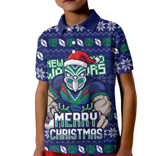 Personalized New Zealand Warriors Christmas Kid Polo Shirt Maori Rugby Fans - Pixelated Ugly Xmas Pattern Mascot Santa