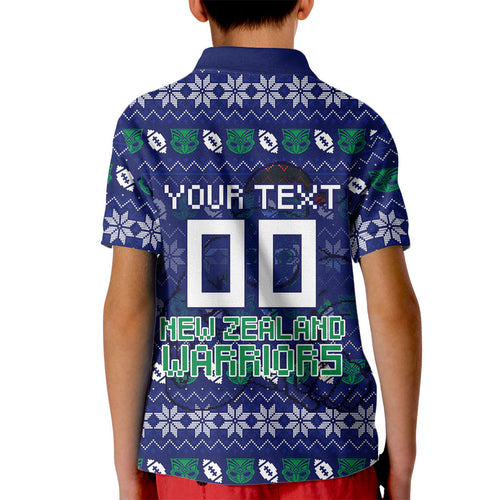 Personalized New Zealand Warriors Christmas Kid Polo Shirt Maori Rugby Fans - Pixelated Ugly Xmas Pattern Mascot Santa