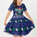 Personalized New Zealand Warriors Christmas Kid Short Sleeve Dress Maori Rugby Fans - Pixelated Ugly Xmas Pattern Mascot Santa