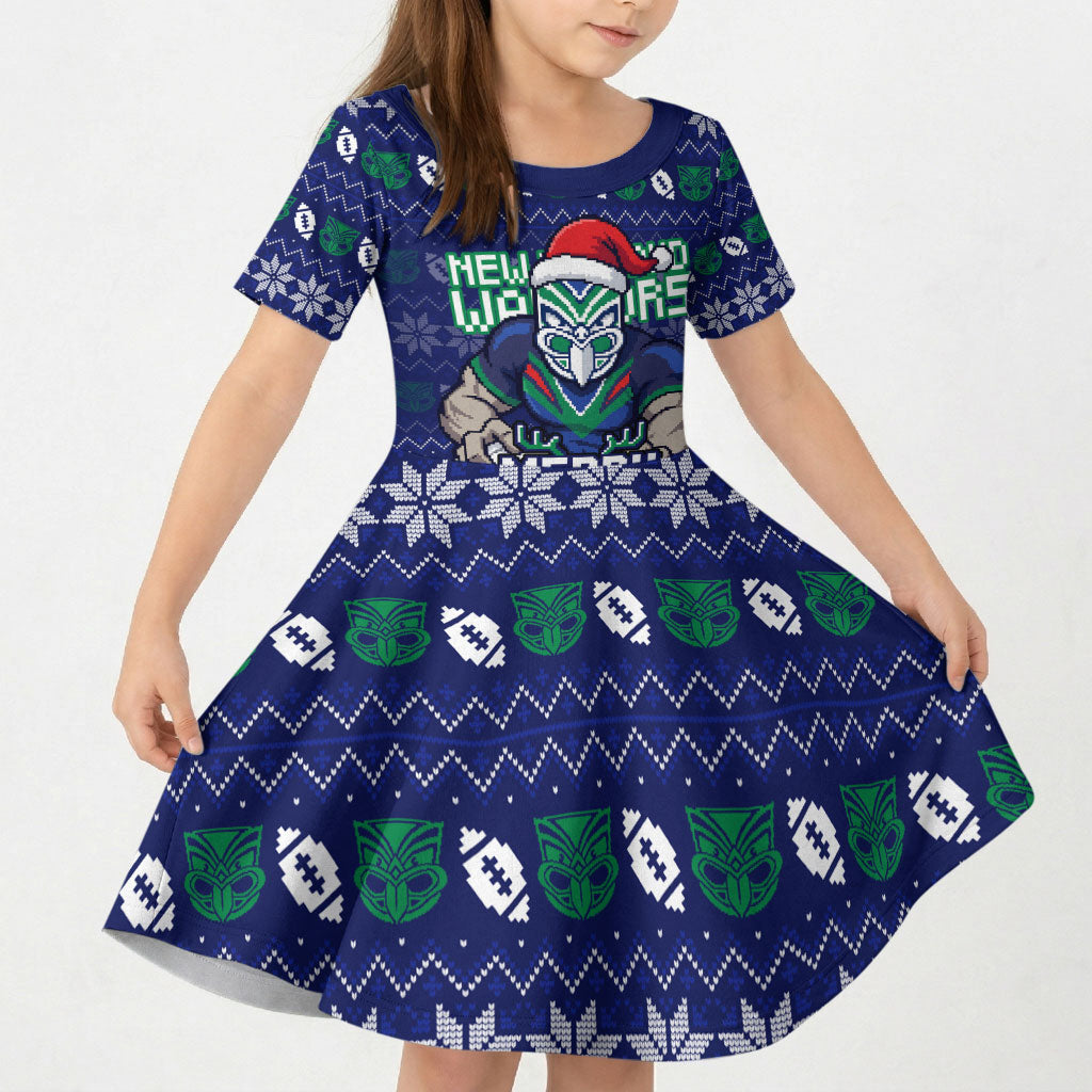 Personalized New Zealand Warriors Christmas Kid Short Sleeve Dress Maori Rugby Fans - Pixelated Ugly Xmas Pattern Mascot Santa