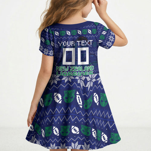 Personalized New Zealand Warriors Christmas Kid Short Sleeve Dress Maori Rugby Fans - Pixelated Ugly Xmas Pattern Mascot Santa