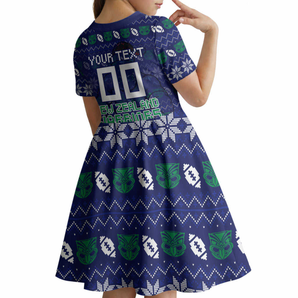 Personalized New Zealand Warriors Christmas Kid Short Sleeve Dress Maori Rugby Fans - Pixelated Ugly Xmas Pattern Mascot Santa